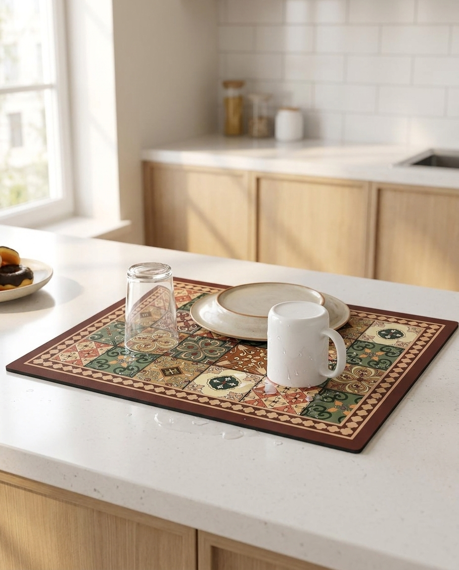 Retro Tile Design Absorbent Coffee Mat - Muted Mosaic