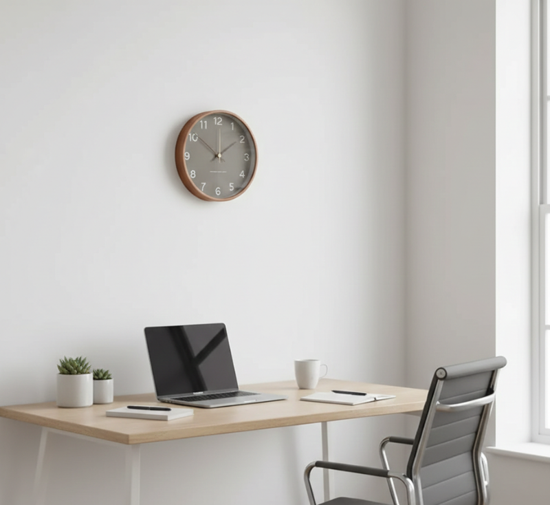 Sylara | Grey Wooden Wall Clock Silent Quartz for Modern Home