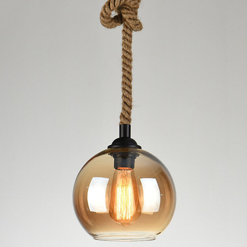 Elmira | Vintage Rope Clear Amber Glass Globe LED Pendant Light