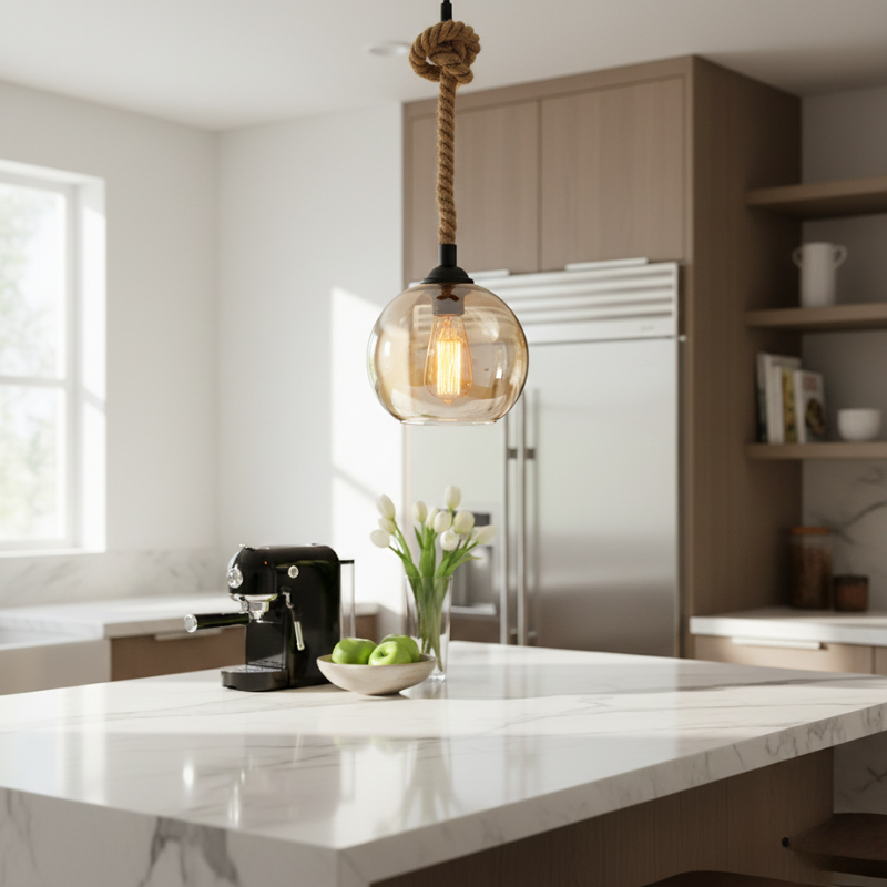 Elmira | Vintage Rope Clear Amber Glass Globe LED Pendant Light
