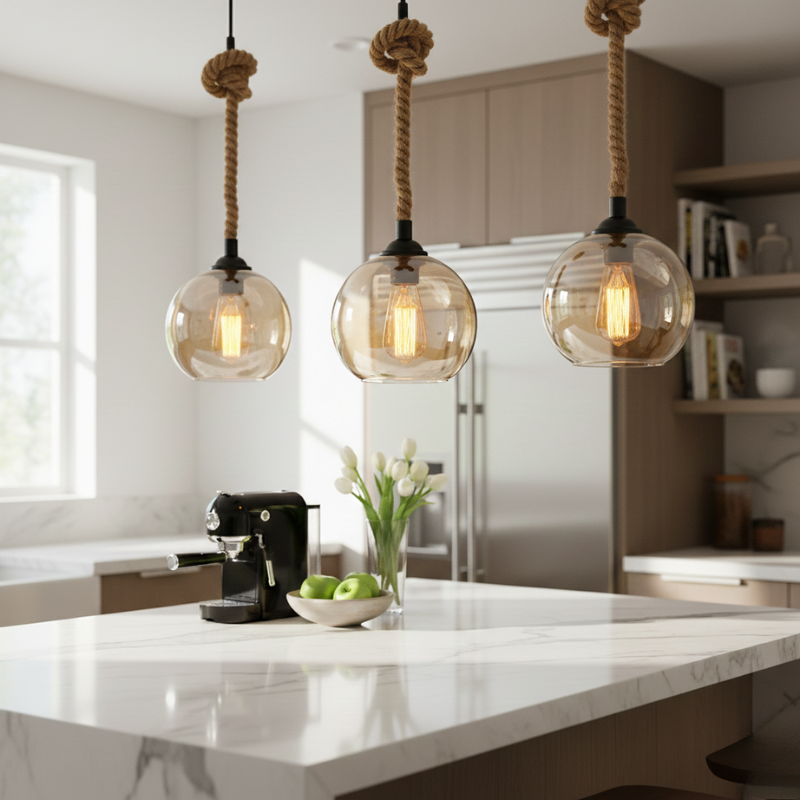 Elmira | Vintage Rope Clear Amber Glass Globe LED Pendant Light
