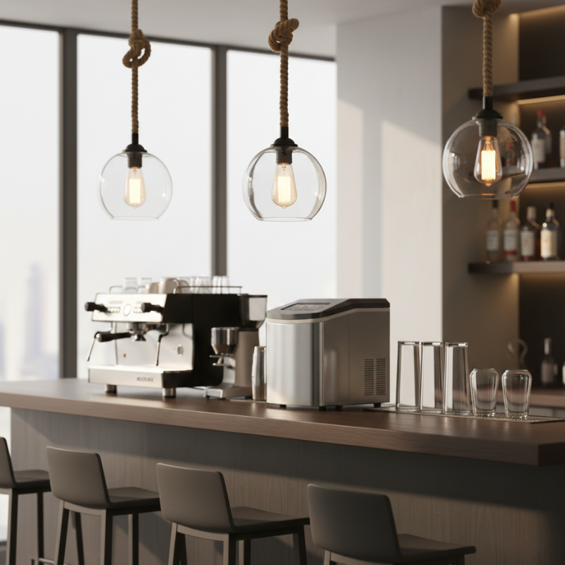 Elmira | Vintage Rope Clear Amber Glass Globe LED Pendant Light