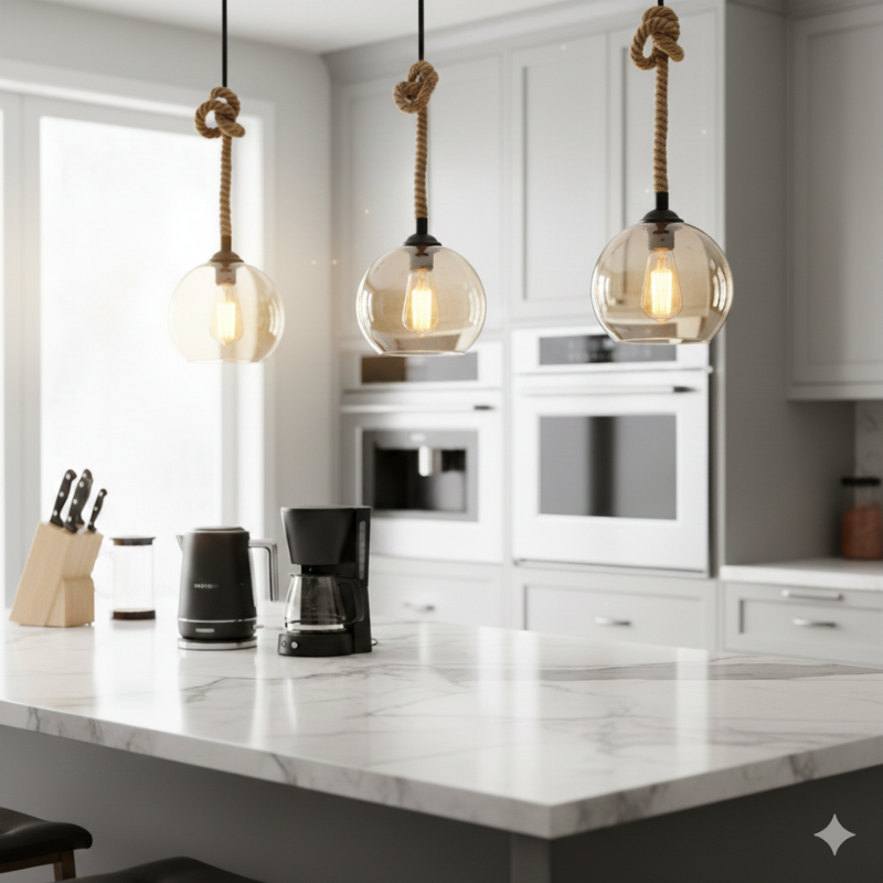 Elmira | Vintage Rope Clear Amber Glass Globe LED Pendant Light