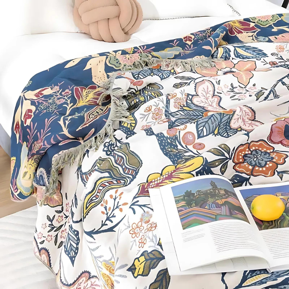 Rustic Artistic Floral Throw Blanket 100% Cotton - Reversible Jacquard Print with Tasselsc