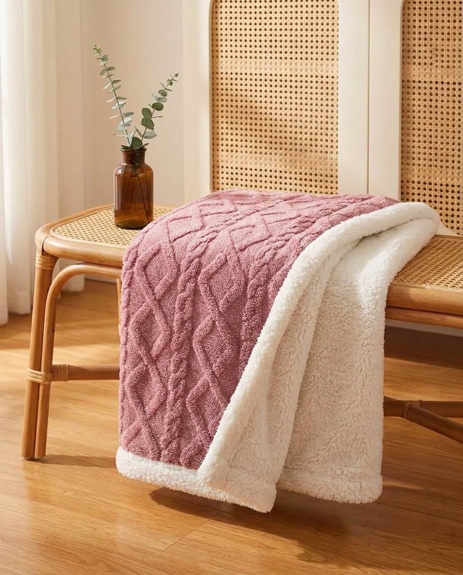 Cozy Sherpa Fleece Throw Blanket - Cable Knit Texture