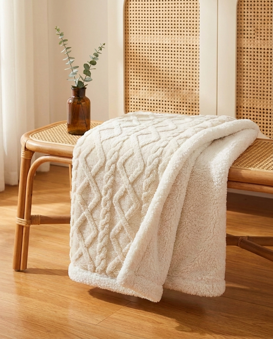 Cozy Sherpa Fleece Throw Blanket - Cable Knit Texture