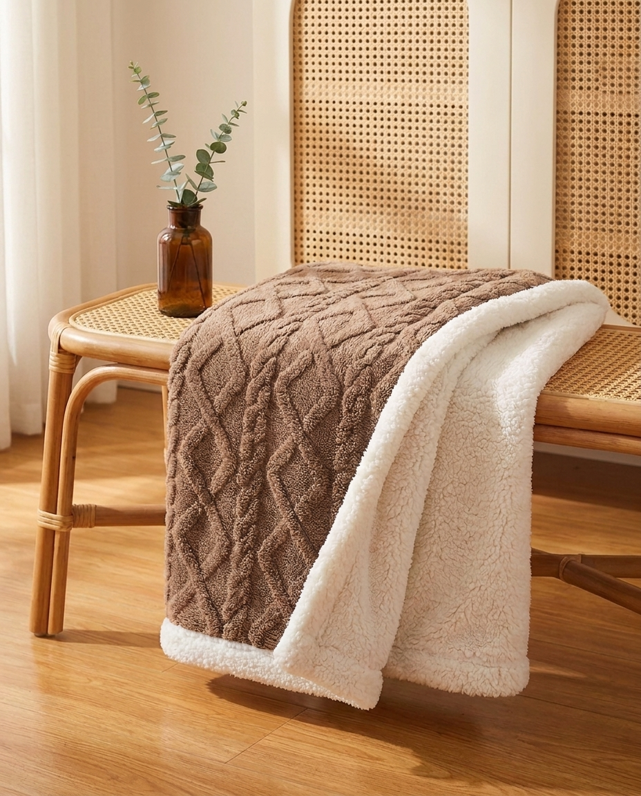 Cozy Sherpa Fleece Throw Blanket - Cable Knit Texture
