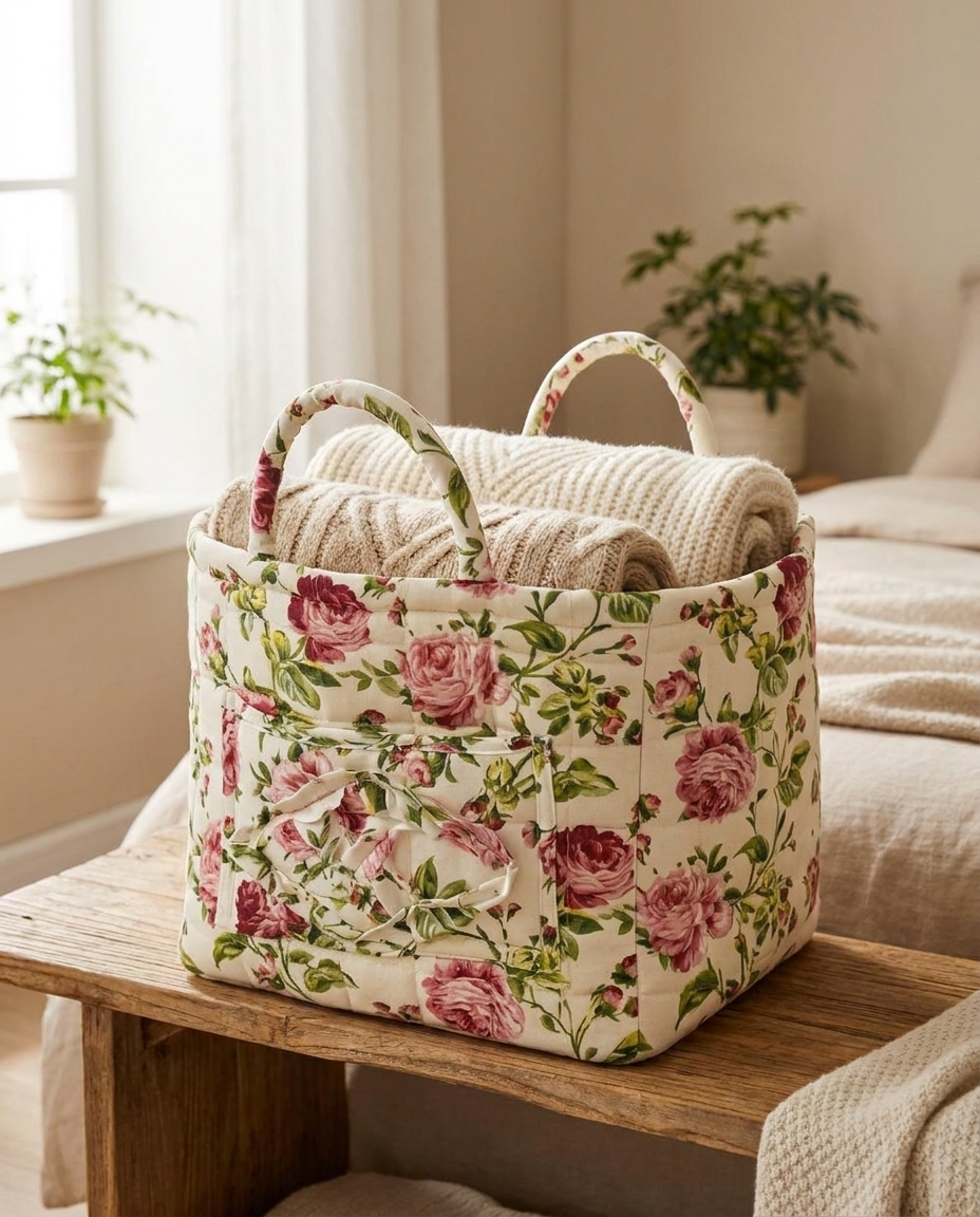 Delicate Floral Canvas Storage Basket - Rosette