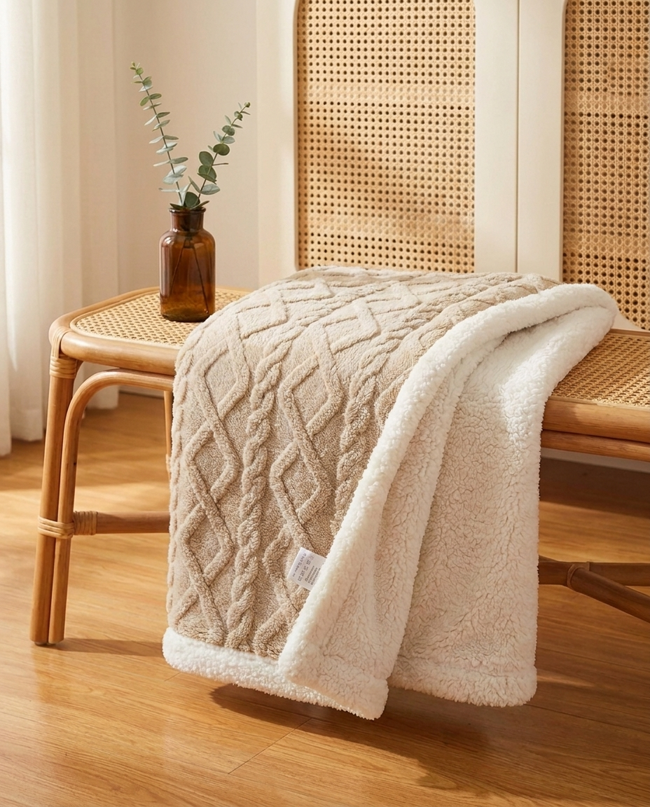 Cozy Sherpa Fleece Throw Blanket - Cable Knit Texture