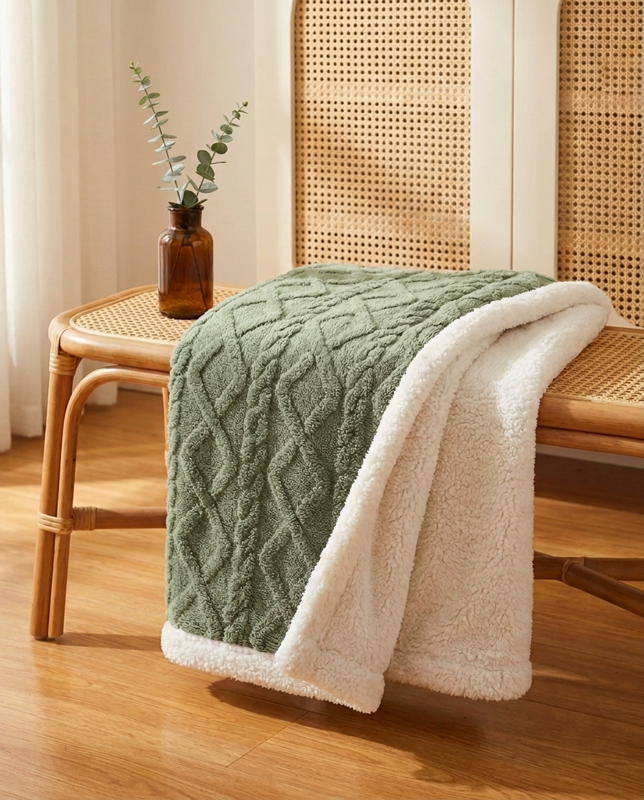 Cozy Sherpa Fleece Throw Blanket - Cable Knit Texture