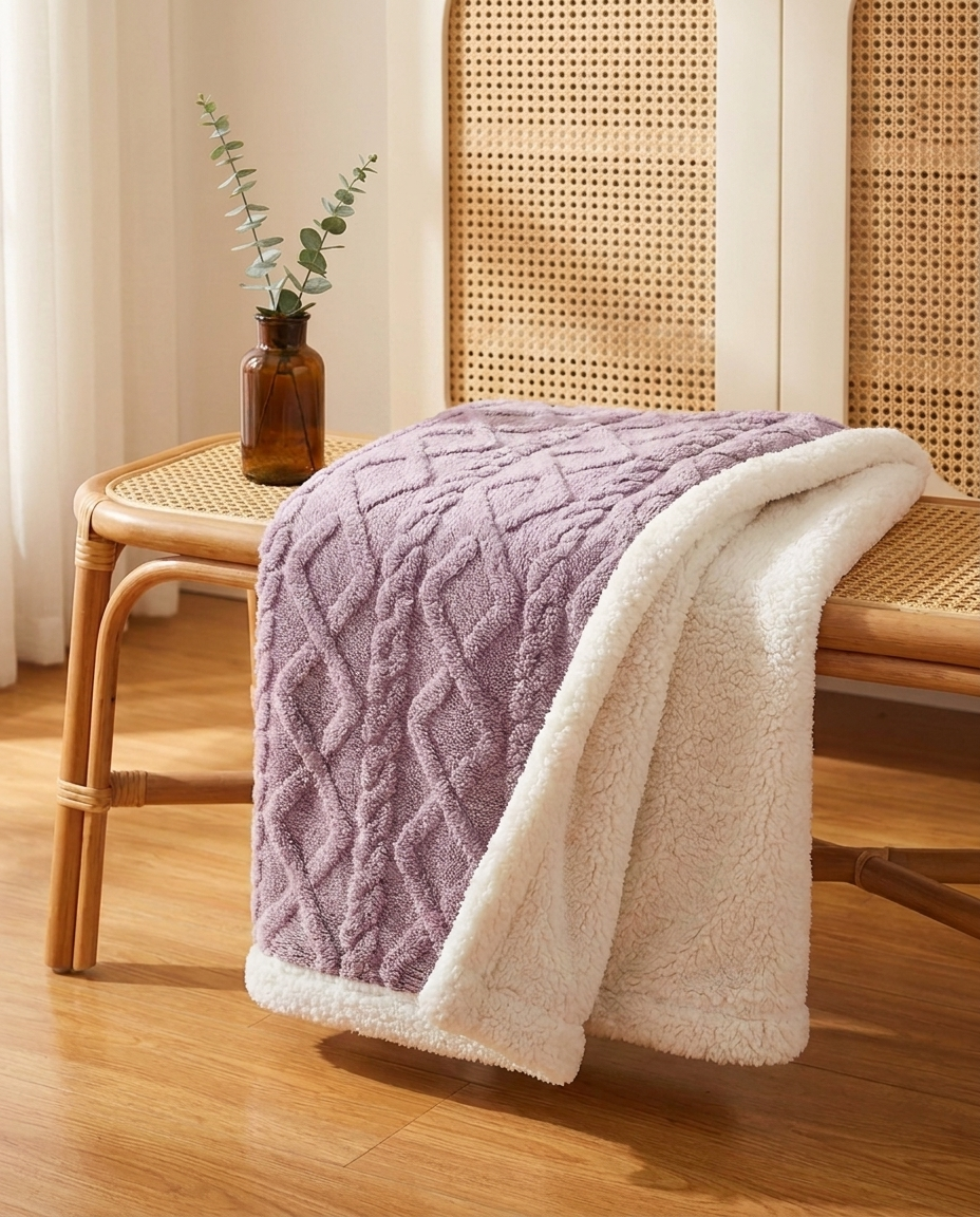 Cozy Sherpa Fleece Throw Blanket - Cable Knit Texture