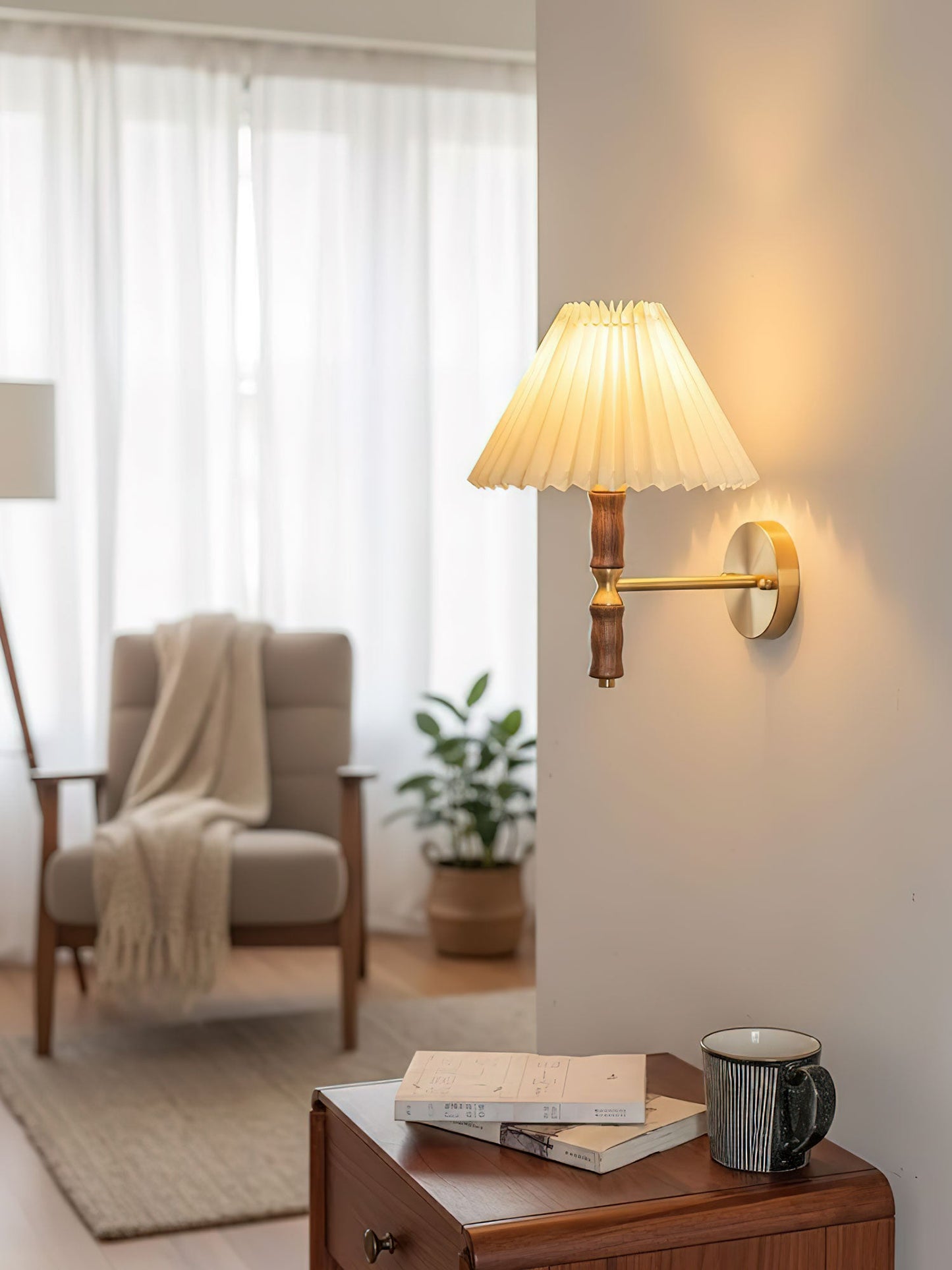 Selene | Wall Sconce Walnut Wood Pleated Shade Bedroom Bedside Light