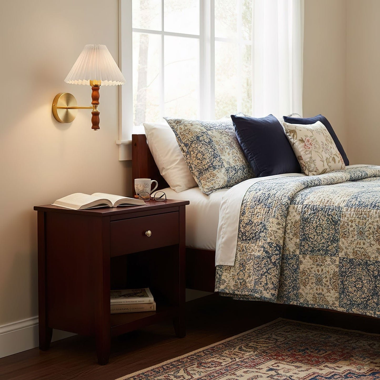 Selene | Wall Sconce Walnut Wood Pleated Shade Bedroom Bedside Light