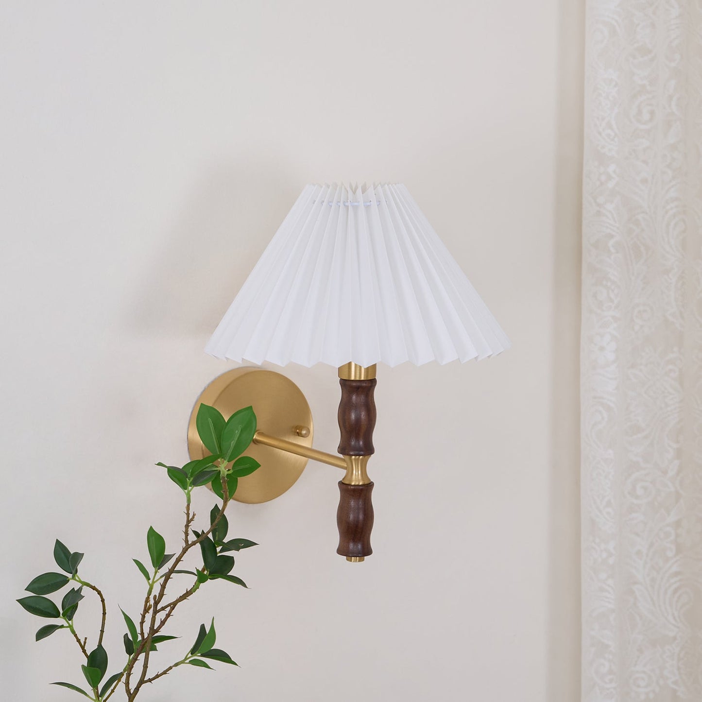 Selene | Wall Sconce Walnut Wood Pleated Shade Bedroom Bedside Light