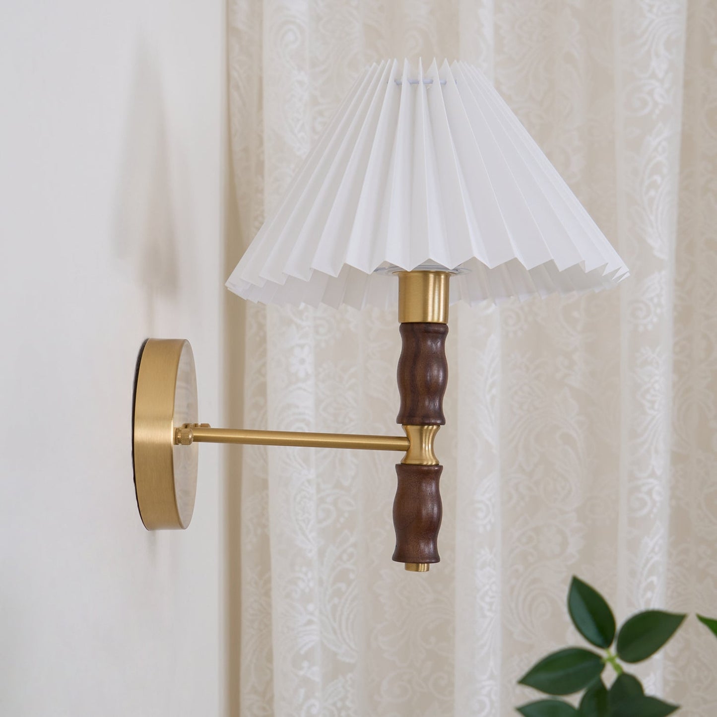 Selene | Wall Sconce Walnut Wood Pleated Shade Bedroom Bedside Light
