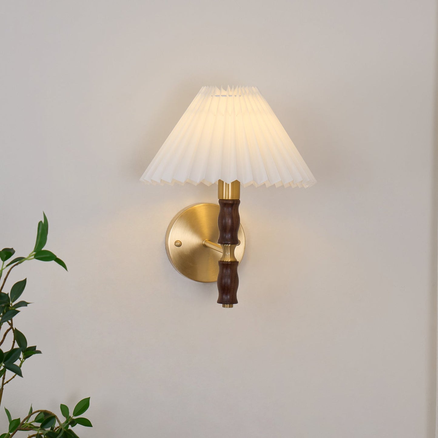 Selene | Wall Sconce Walnut Wood Pleated Shade Bedroom Bedside Light
