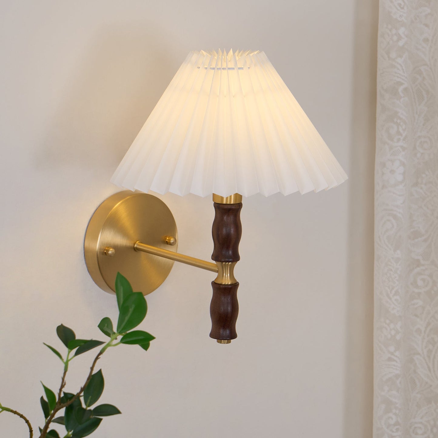 Selene | Wall Sconce Walnut Wood Pleated Shade Bedroom Bedside Light