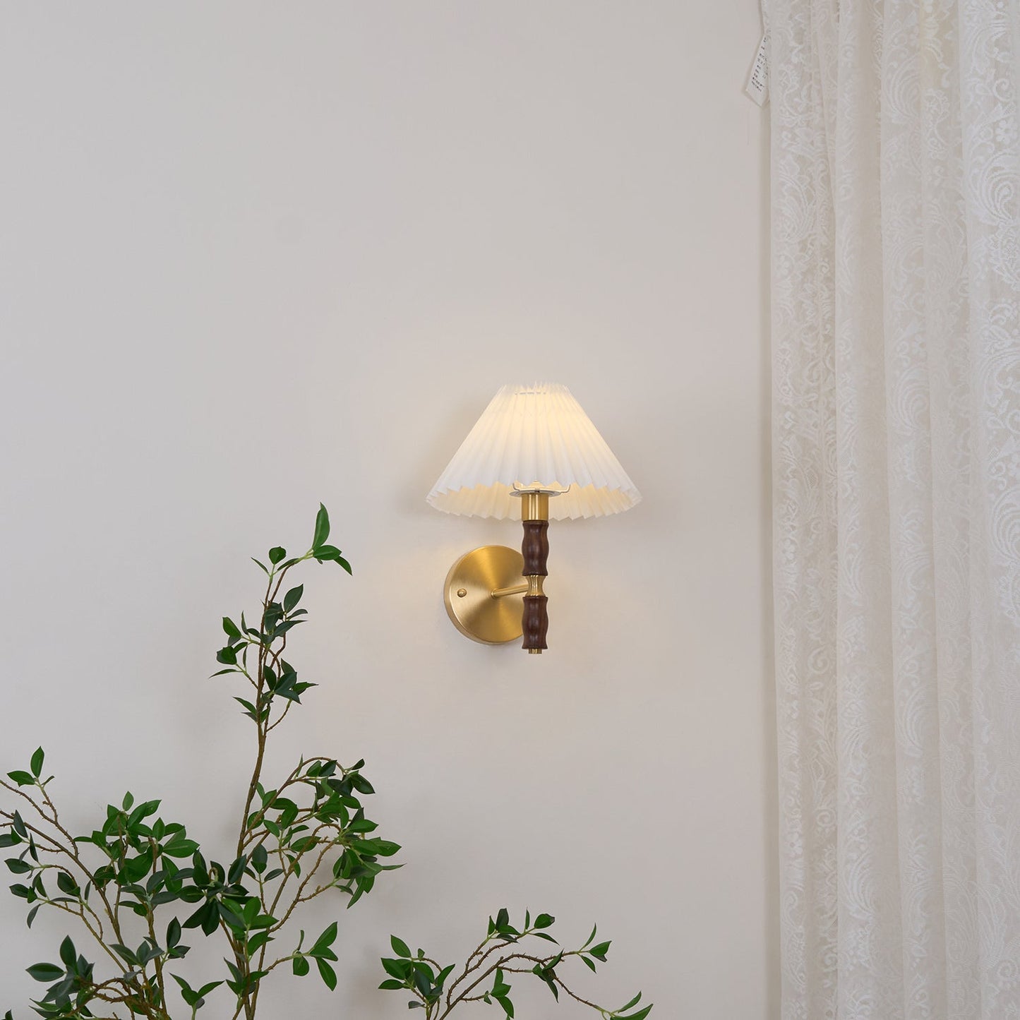 Selene | Wall Sconce Walnut Wood Pleated Shade Bedroom Bedside Light