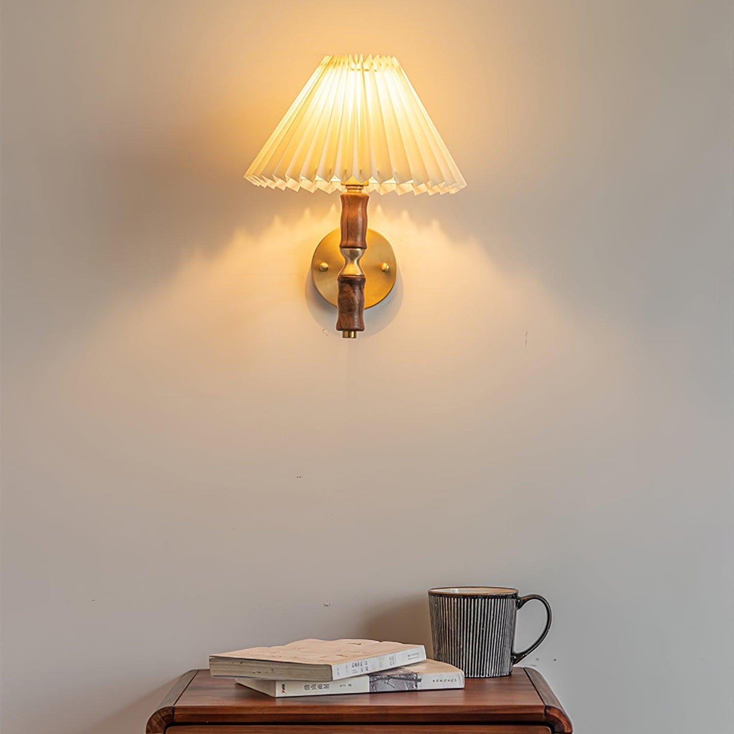 Selene | Wall Sconce Walnut Wood Pleated Shade Bedroom Bedside Light