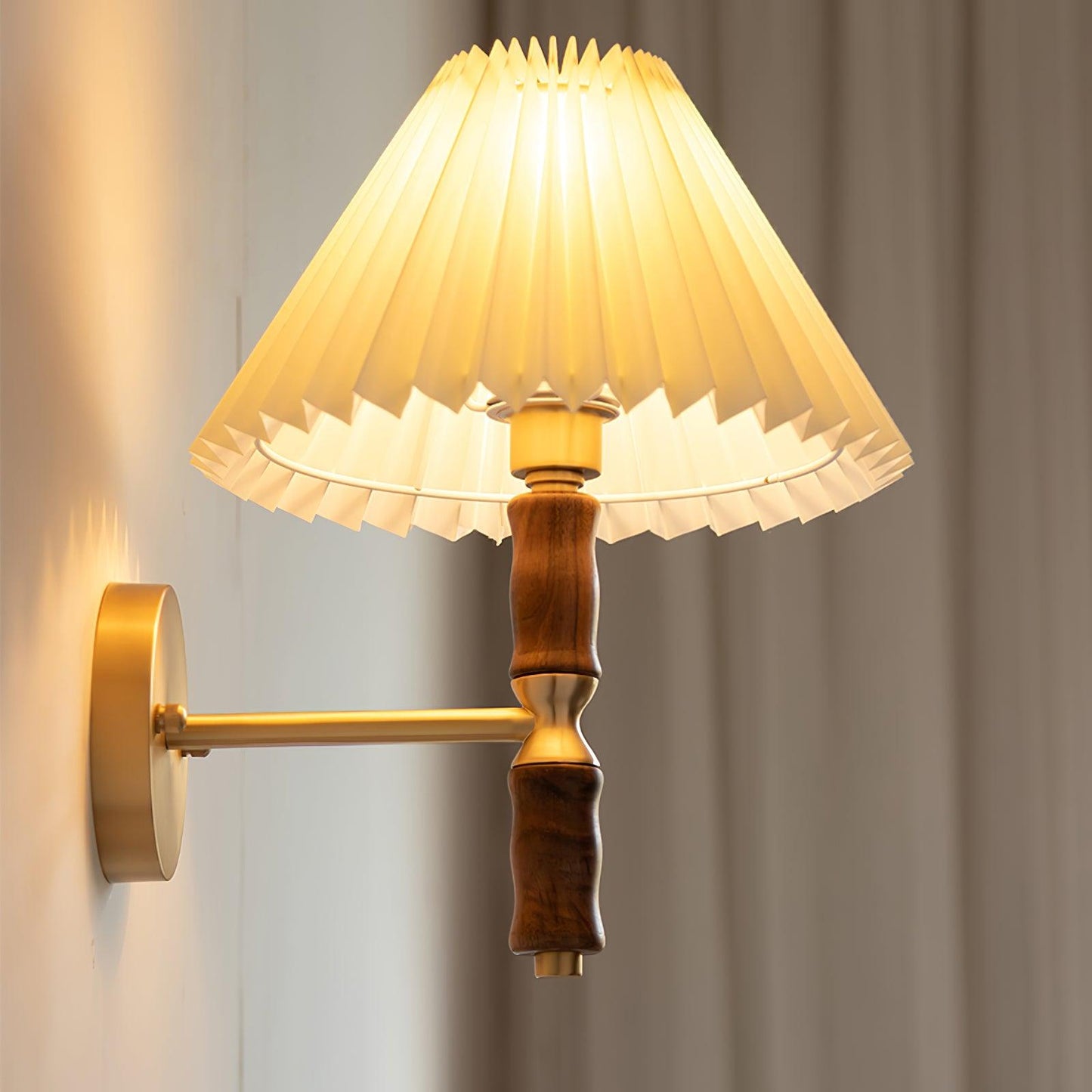 Selene | Wall Sconce Walnut Wood Pleated Shade Bedroom Bedside Light
