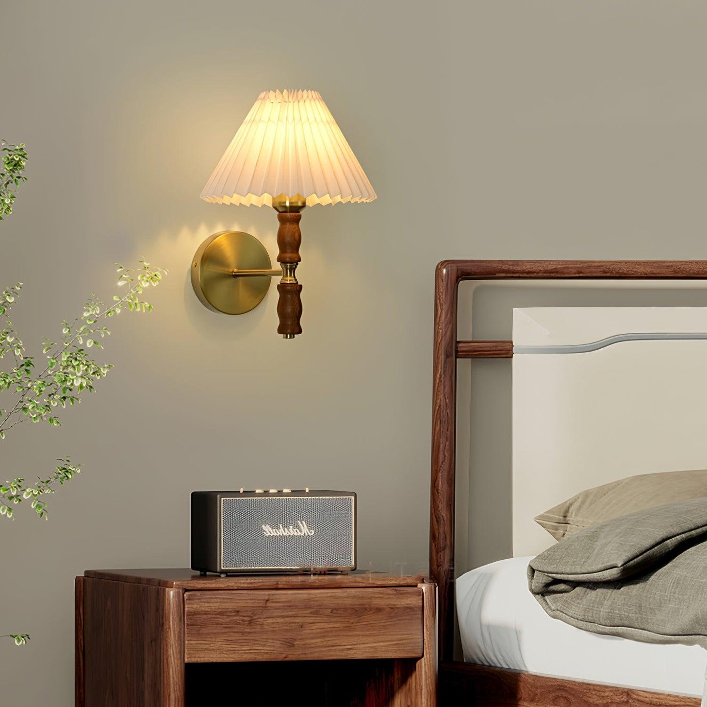 Selene | Wall Sconce Walnut Wood Pleated Shade Bedroom Bedside Light