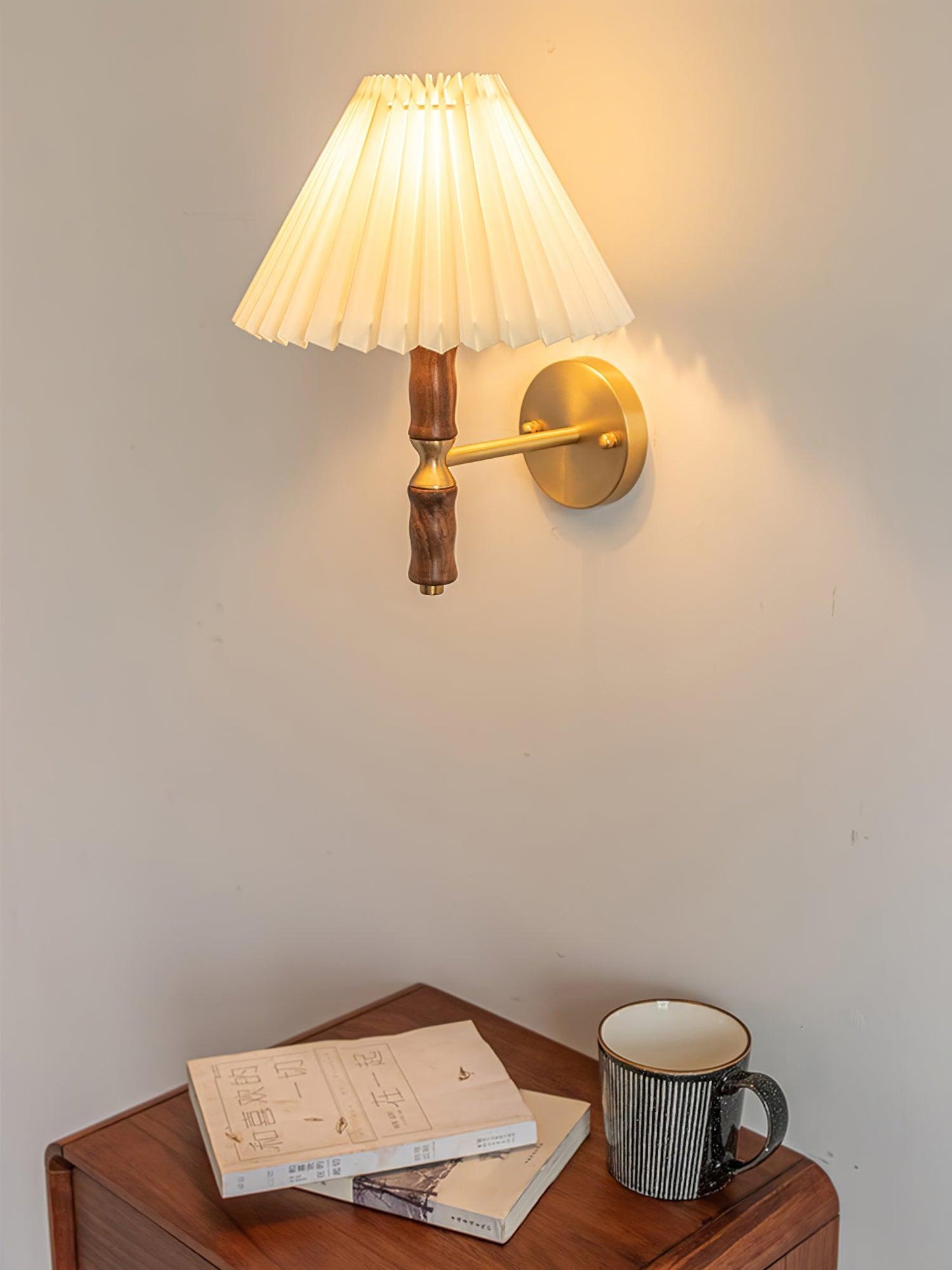 Selene | Wall Sconce Walnut Wood Pleated Shade Bedroom Bedside Light