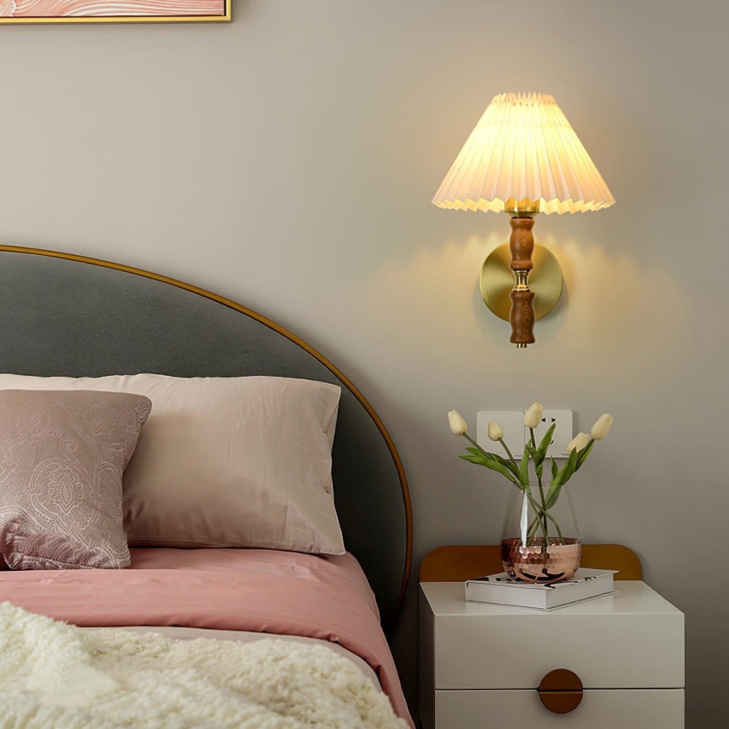 Selene | Wall Sconce Walnut Wood Pleated Shade Bedroom Bedside Light
