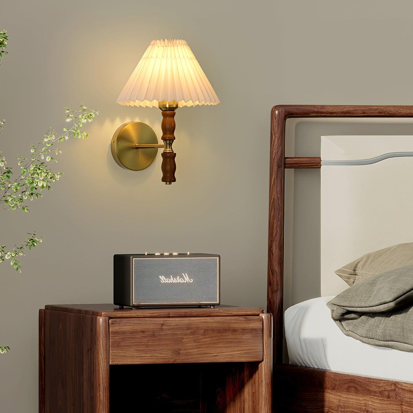 Selene | Wall Sconce Walnut Wood Pleated Shade Bedroom Bedside Light