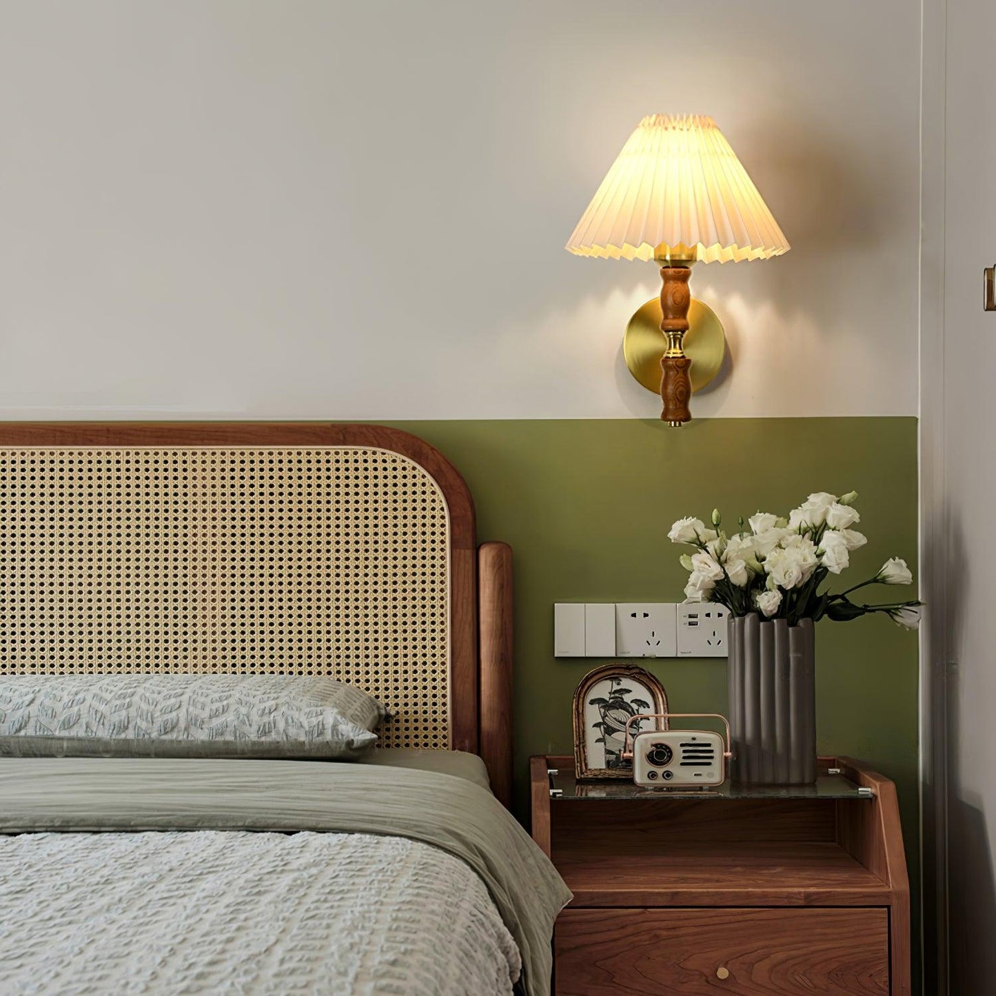 Selene | Wall Sconce Walnut Wood Pleated Shade Bedroom Bedside Light