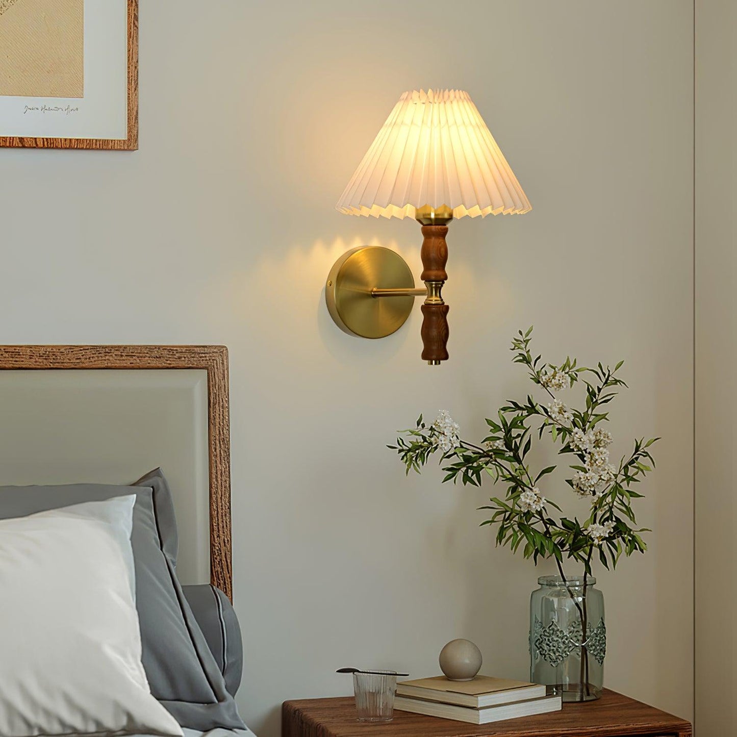 Selene | Wall Sconce Walnut Wood Pleated Shade Bedroom Bedside Light