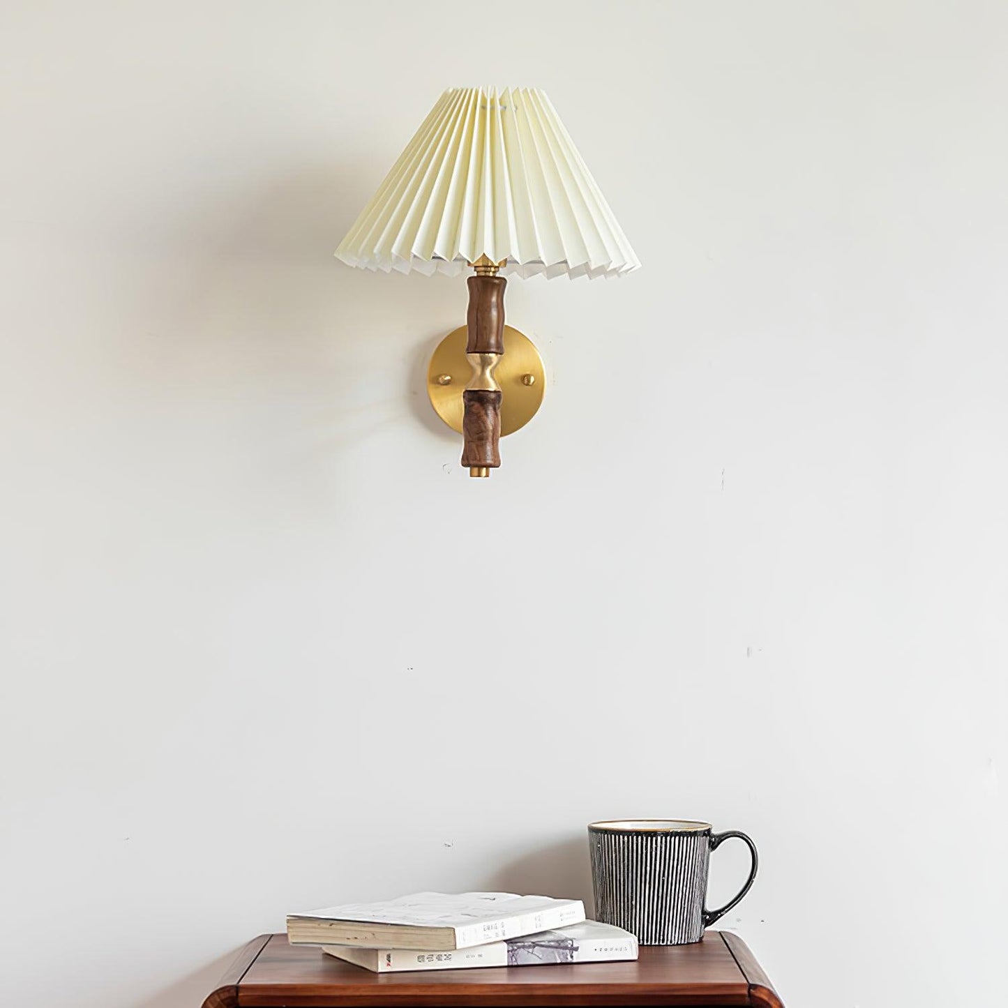 Selene | Wall Sconce Walnut Wood Pleated Shade Bedroom Bedside Light