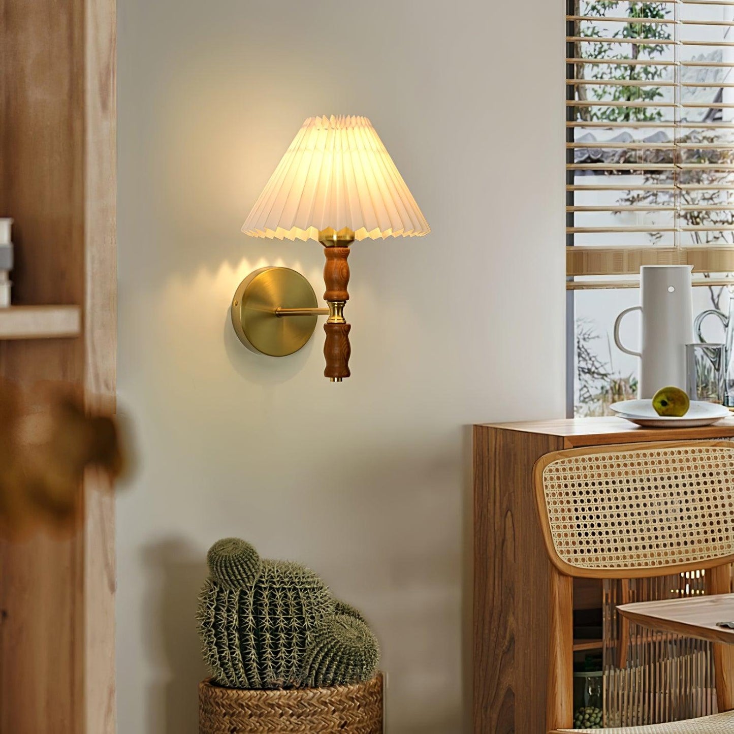 Selene | Wall Sconce Walnut Wood Pleated Shade Bedroom Bedside Light