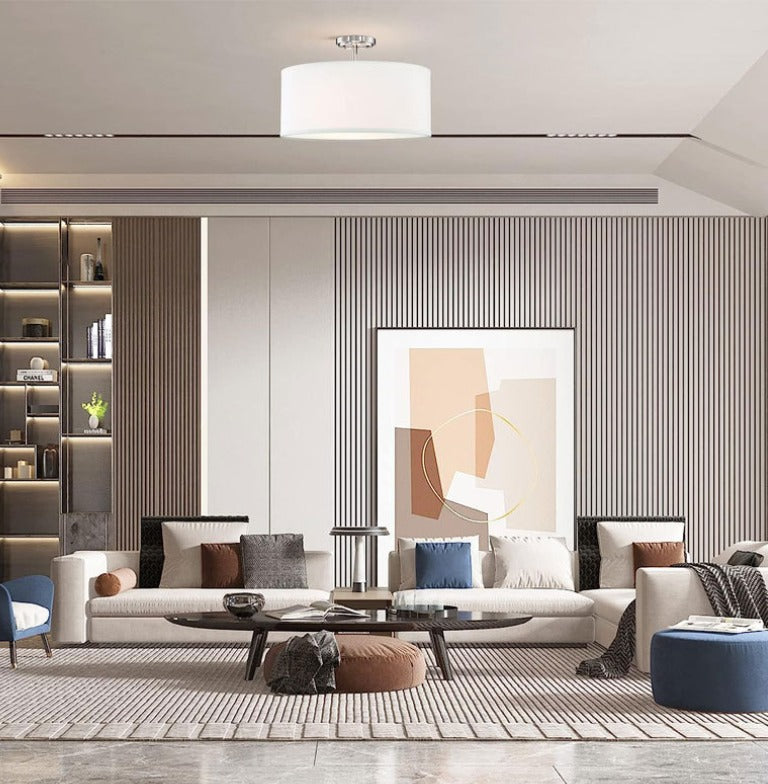 Astraeus | Scandinavian Linen Shade Drum Semi Flush Ceiling Lamp
