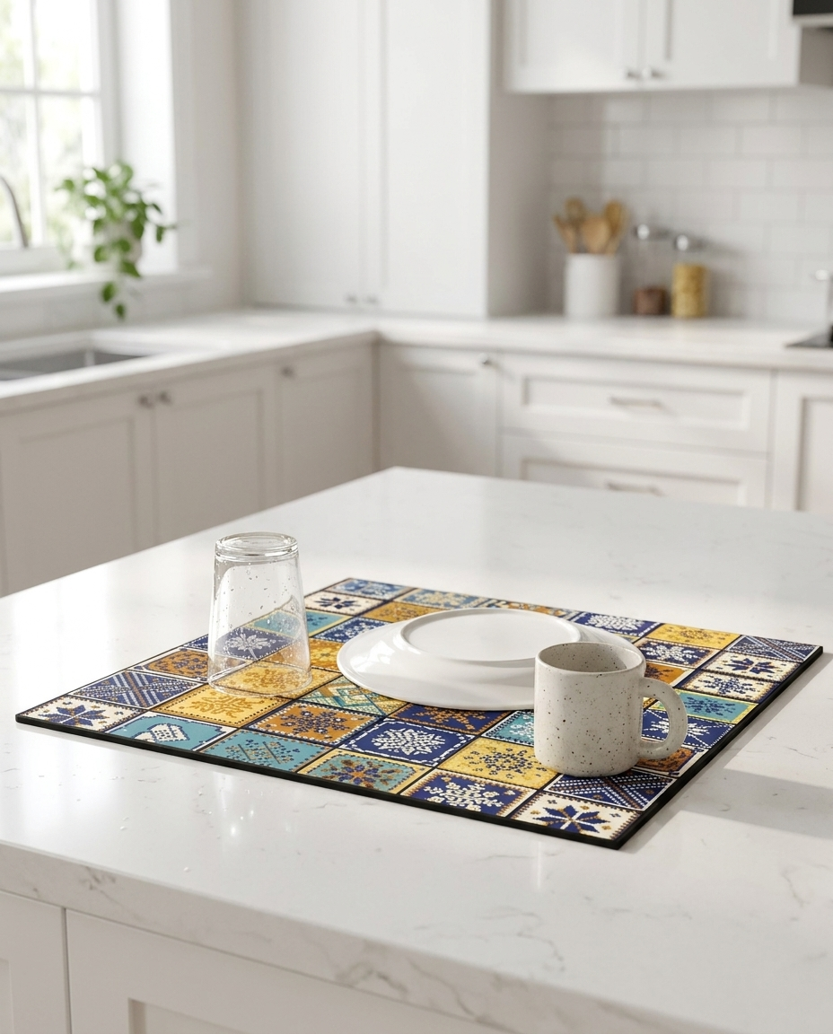 Retro Tile Design Absorbent Coffee Mat - Earthy Mosaic