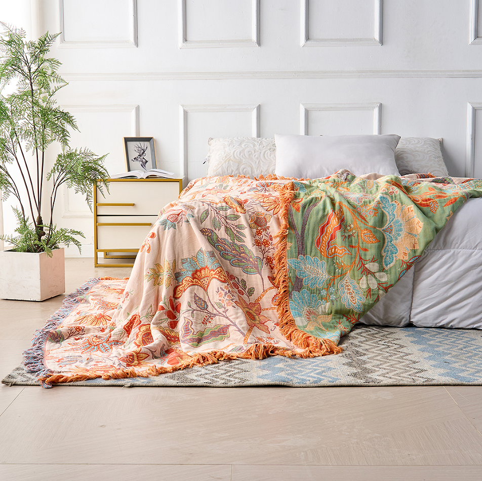 Boho Floral Throw Blanket 100% Cotton - Rustic Fringe Bedspread - Sofa & Bed