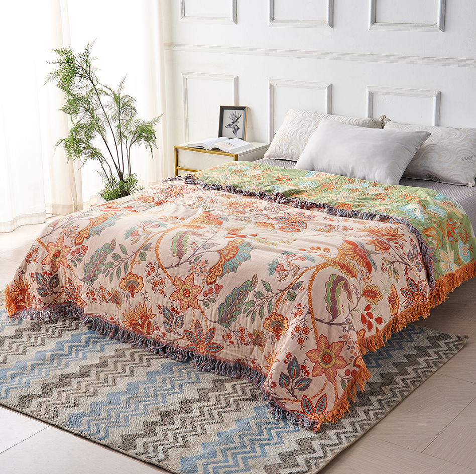 Boho Floral Throw Blanket 100% Cotton - Rustic Fringe Bedspread - Sofa & Bed