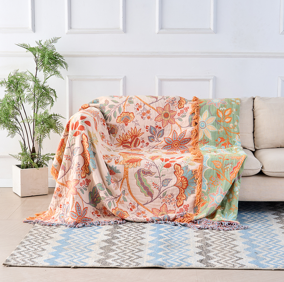 Boho Floral Throw Blanket 100% Cotton - Rustic Fringe Bedspread - Sofa & Bed