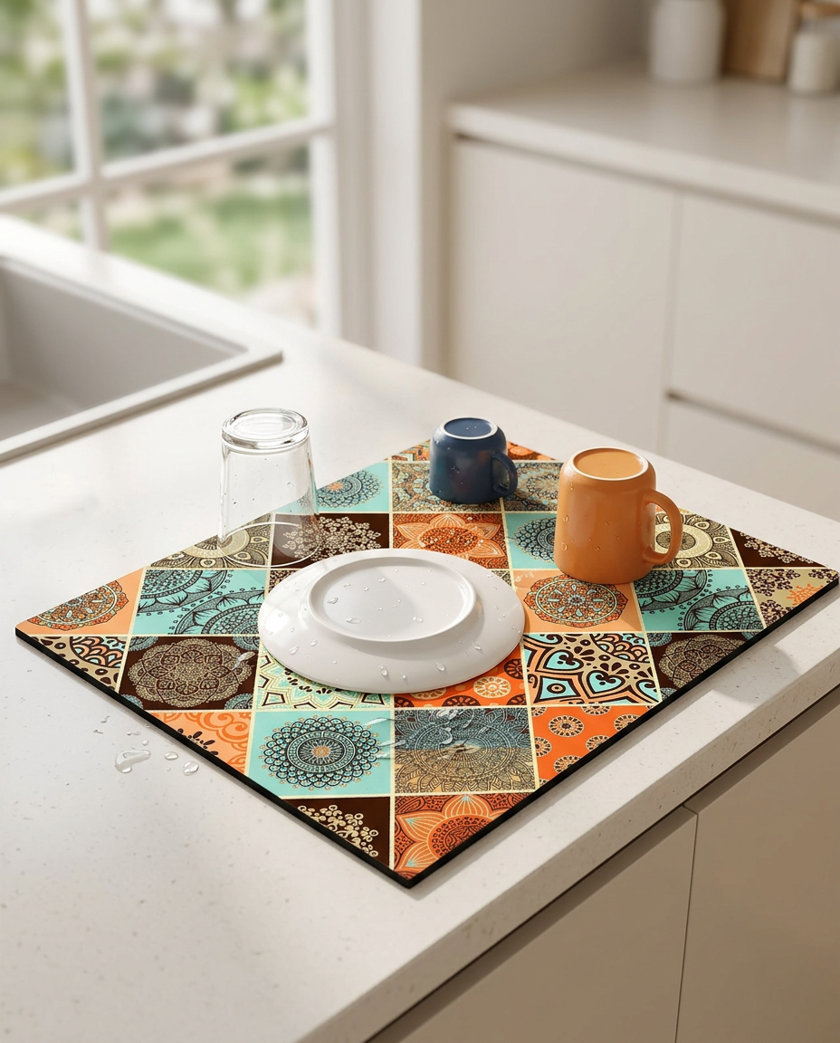 Retro Tile Design Absorbent Coffee Mat - Cerulean Bloom