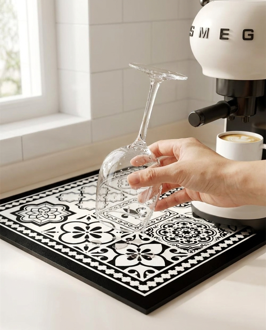 Retro Tile Design Absorbent Coffee Mat - in use