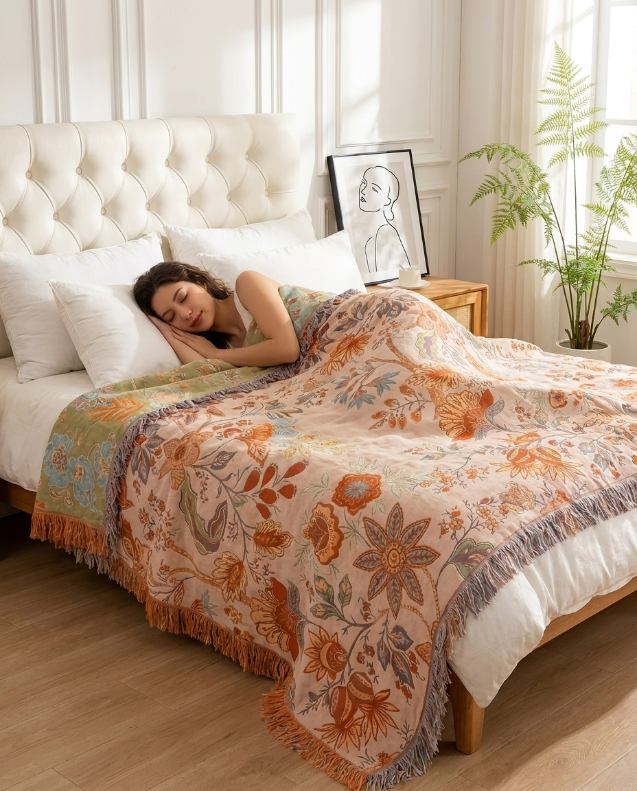 Boho Floral Throw Blanket 100% Cotton - Rustic Fringe Bedspread - Sofa & Bed