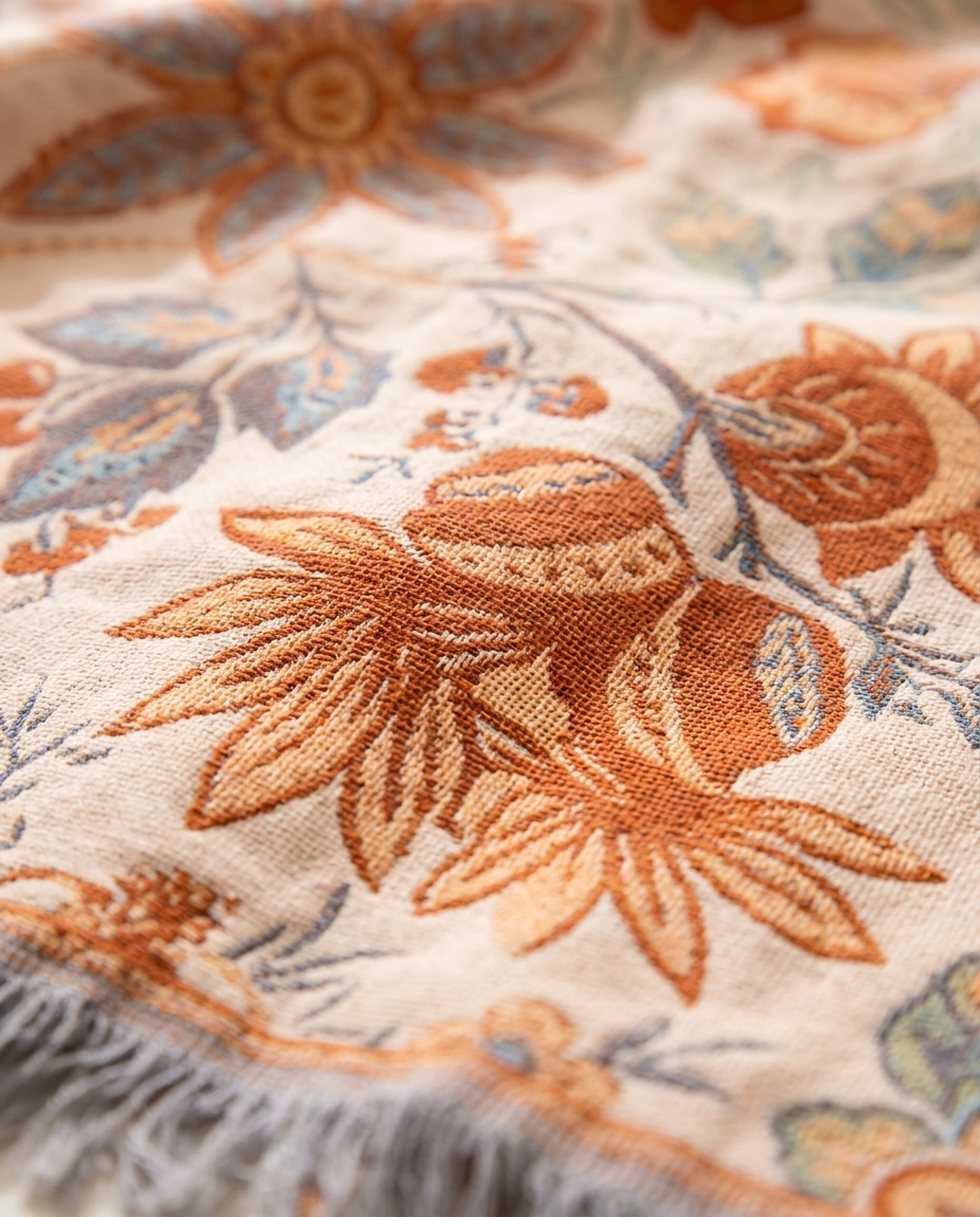 Boho Floral Throw Blanket 100% Cotton - Rustic Fringe Bedspread - Sofa & Bed