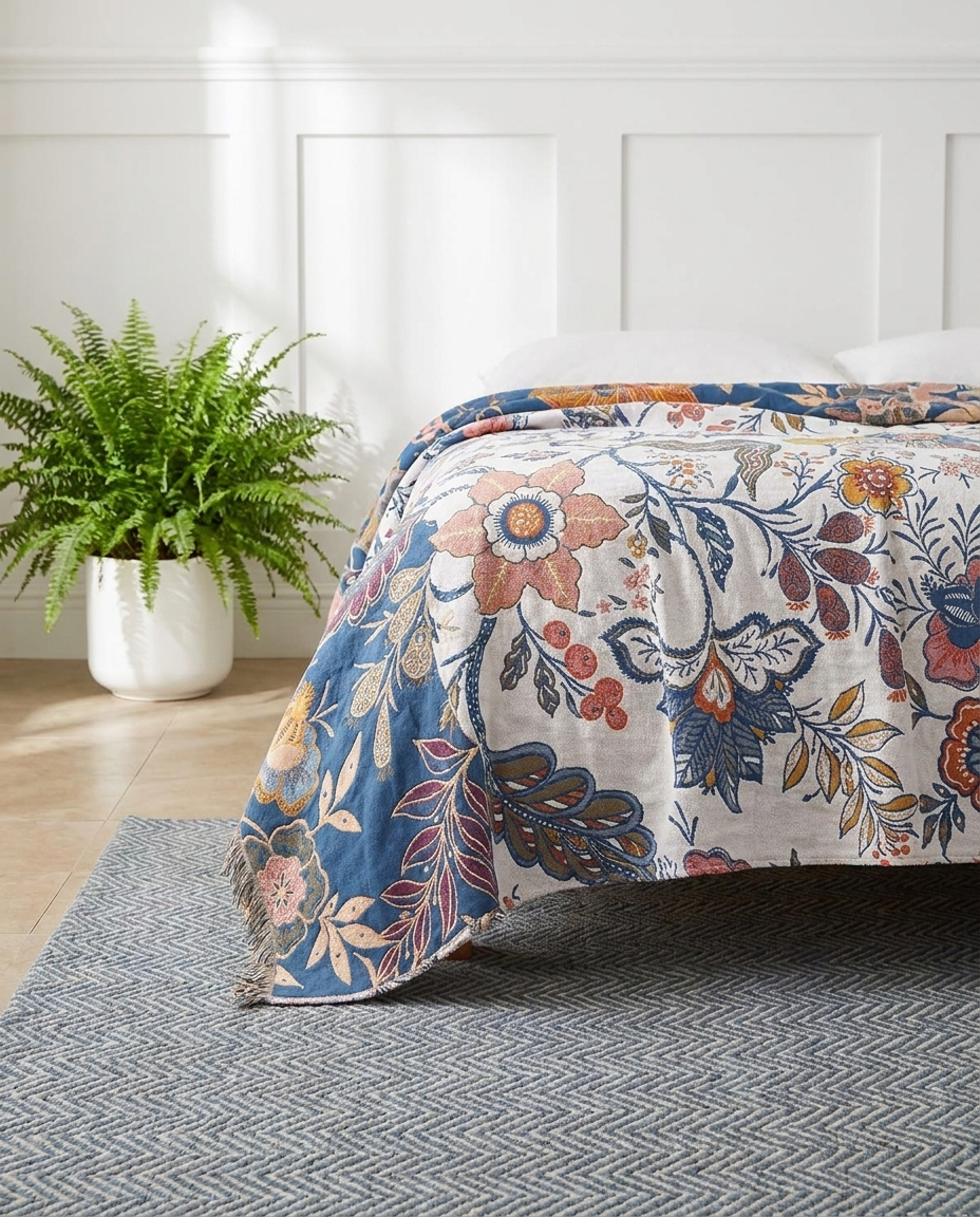 Rustic Artistic Floral Throw Blanket 100% Cotton - Reversible Jacquard Print with Tasselsc