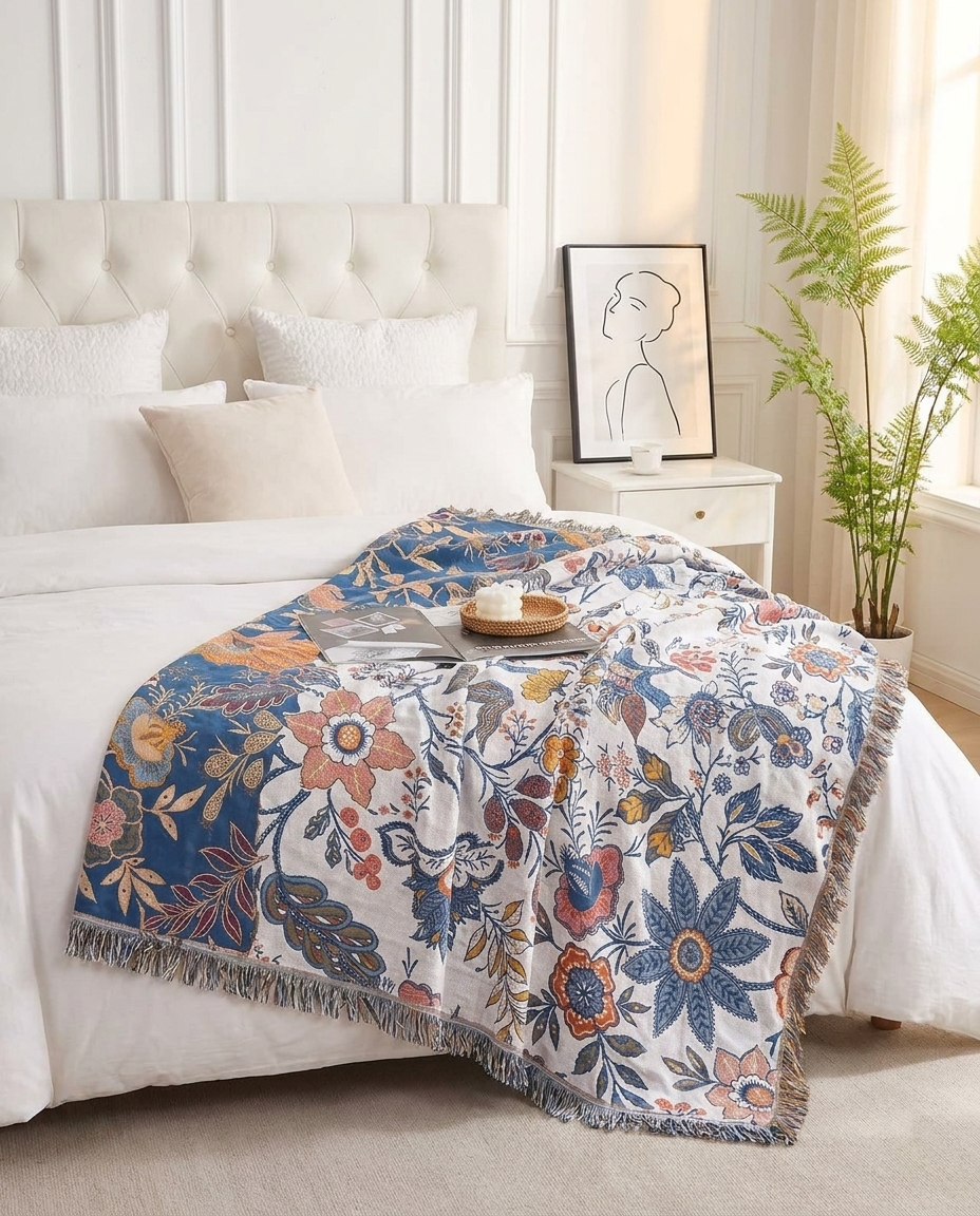 Rustic Artistic Floral Throw Blanket 100% Cotton - Reversible Jacquard Print with Tasselsc