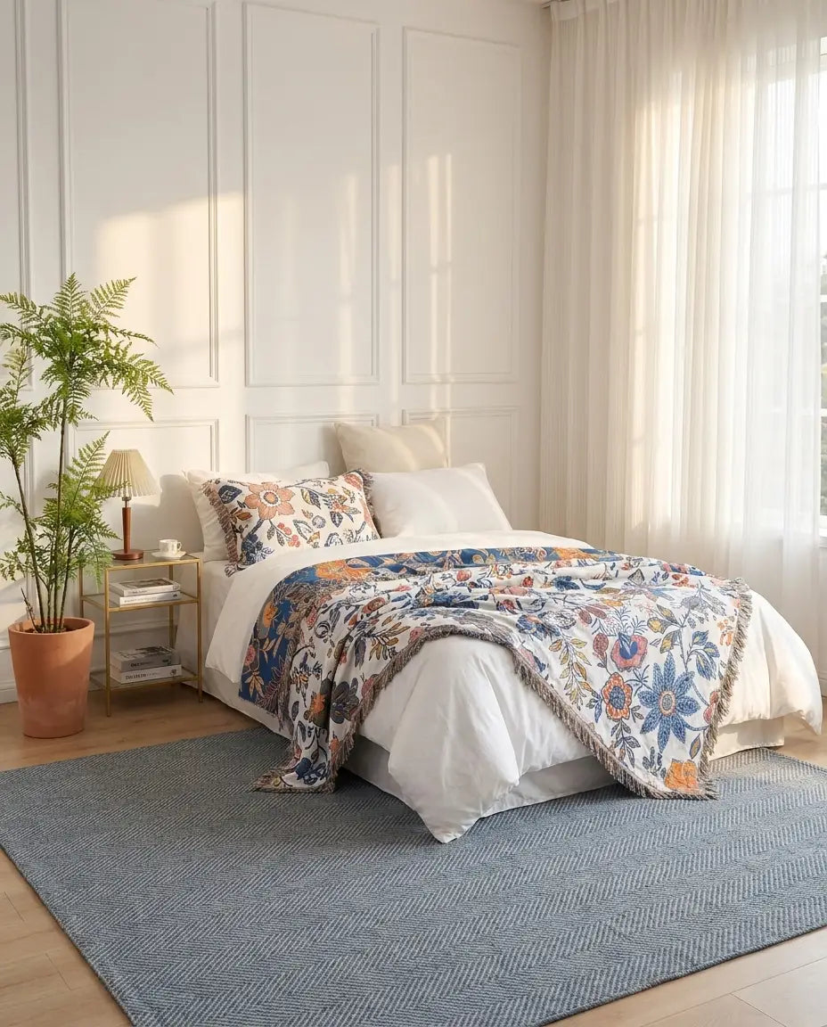 Rustic Artistic Floral Throw Blanket 100% Cotton - Reversible Jacquard Print with Tasselsc