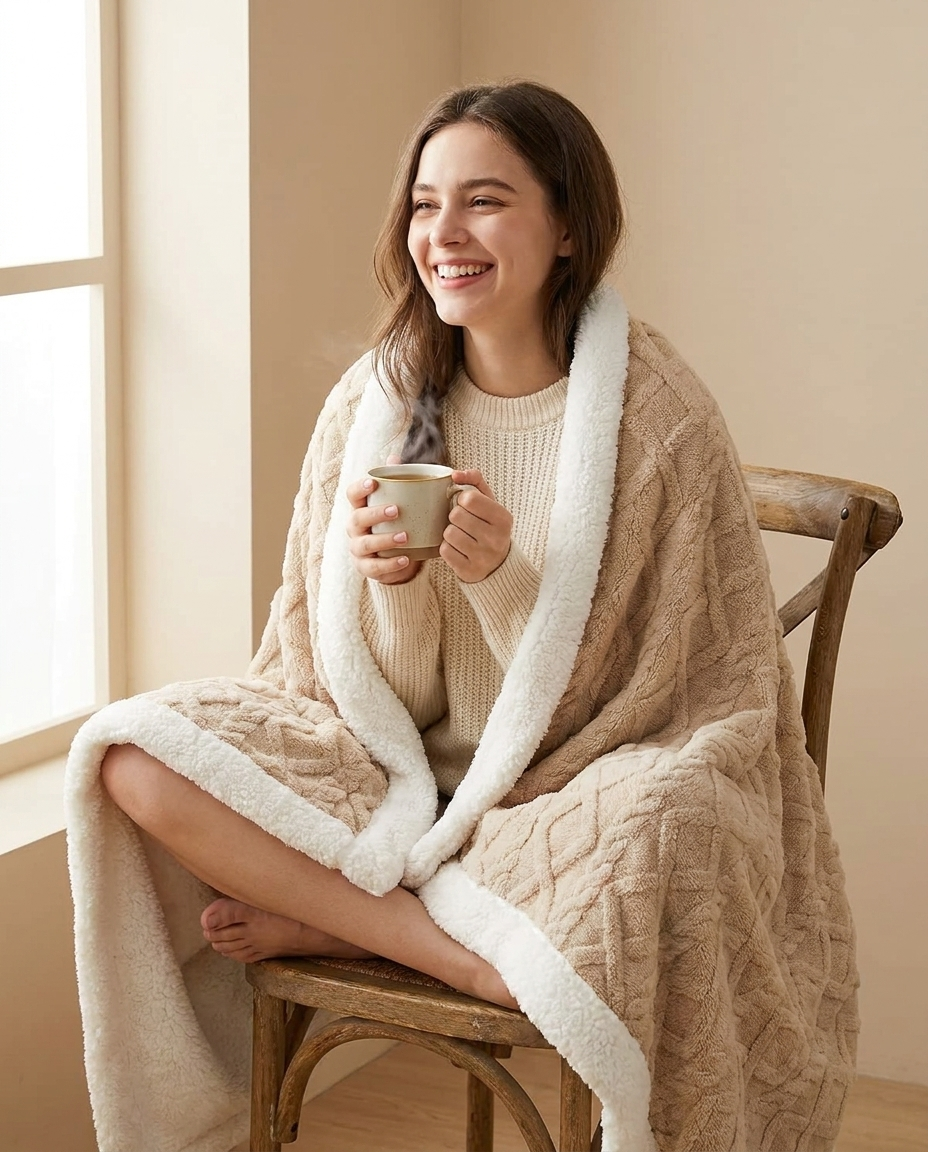 Cozy Sherpa Fleece Throw Blanket - Cable Knit Texture