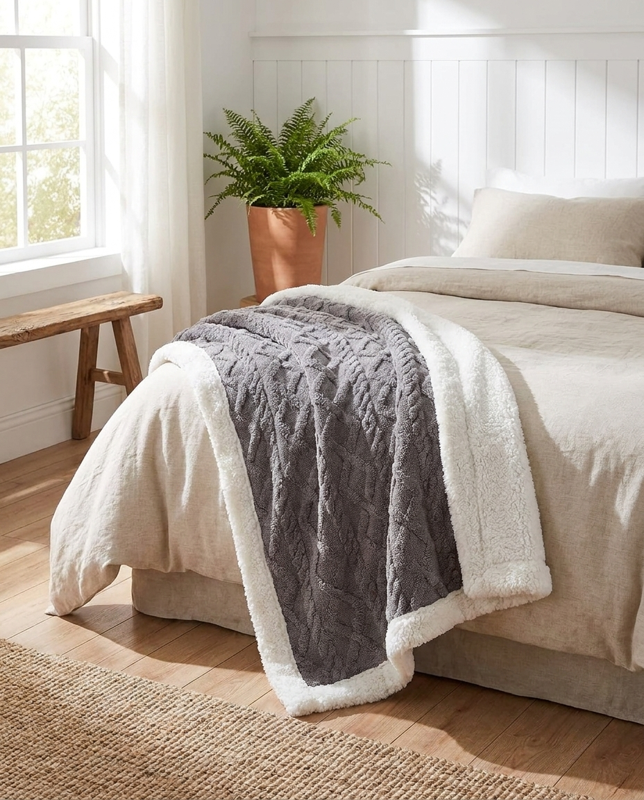 Cozy Sherpa Fleece Throw Blanket - Cable Knit Texture