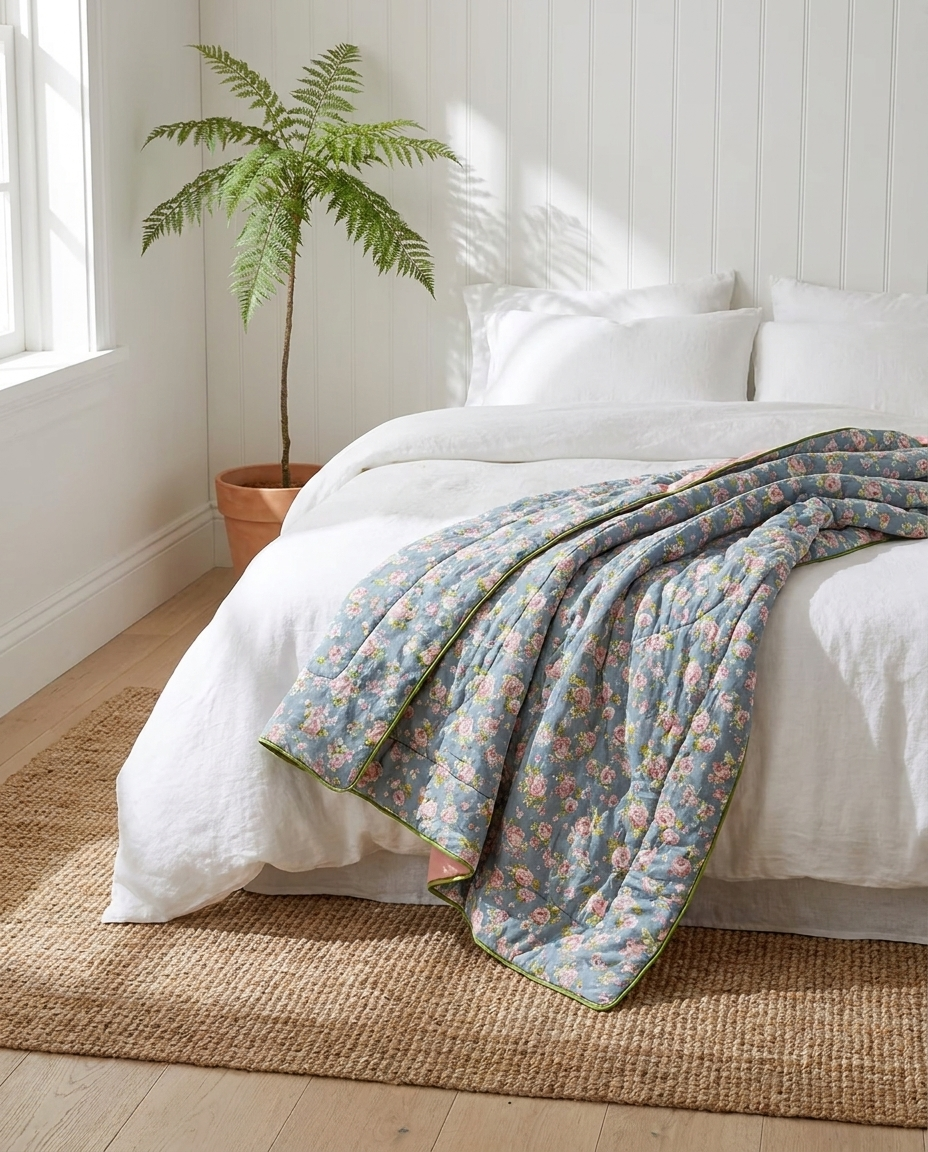 Lightweight Cotton Blanket - Floral Print, Year-Round Comfort