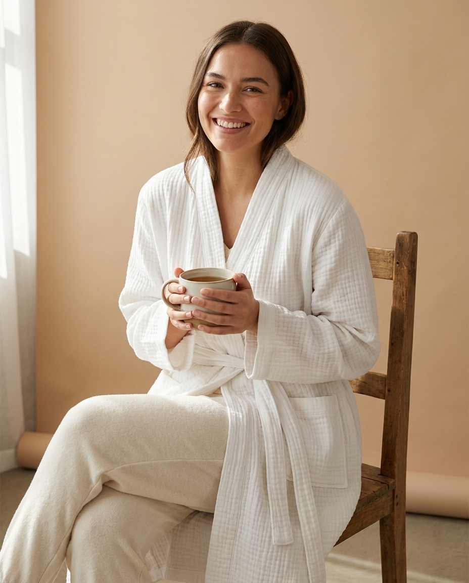 Lightweight Cotton Bathrobe - Muslin Weave