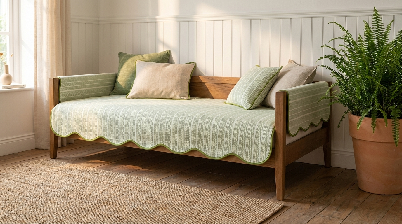Herringbone Sofa Cover with Scalloped Edge - Multi-Use Throw