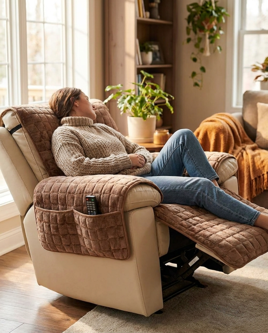 Snug Grid Recliner Cover - in use